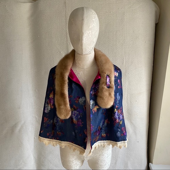 Vintage Cape OS Mink Fur Rainbow Floral Print Wrap - Picture 5 of 8